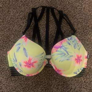 PINK Victoria's Secret Neon Lime Floral Strappy Push-Up Bra